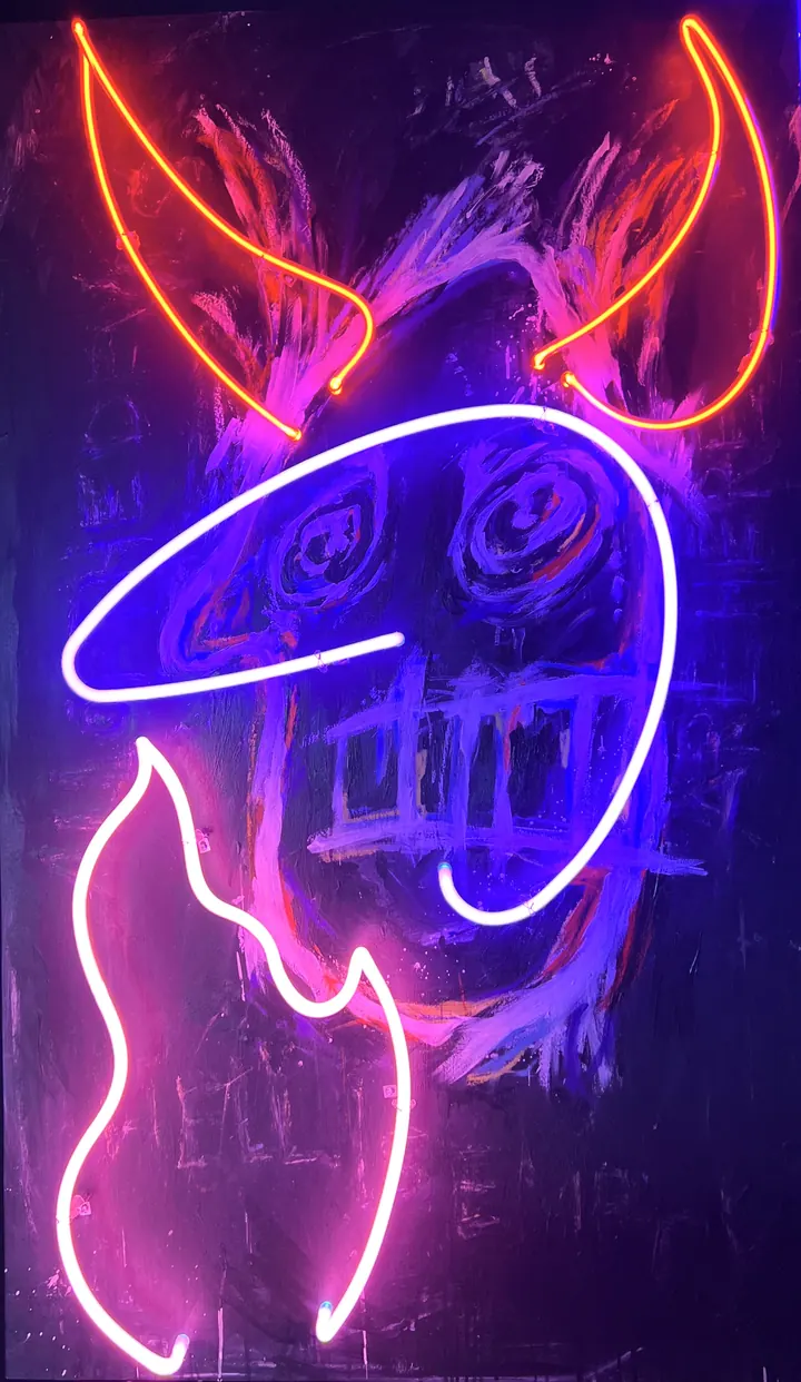 Hell is Empty by Scott Young: a purple neon devil face with red neon horns over a painted canvas