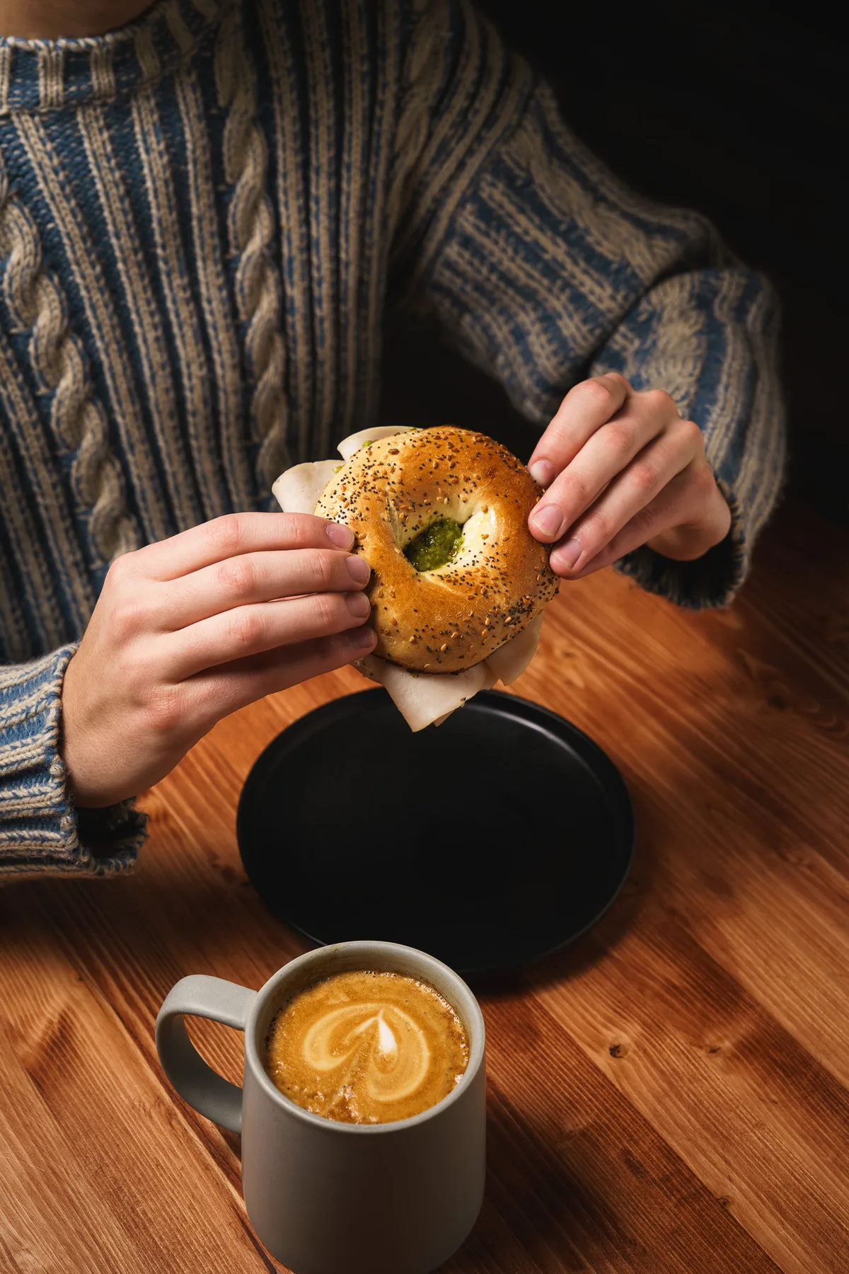 Turkey sandwich and coffee on a table